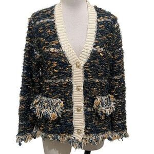 R Fashion Apparel Womens Tweed Eyelash Knit Frayed Cardigan Midnight L/XL NWT